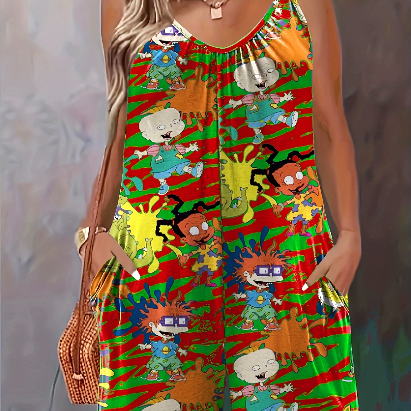 Plus Size Cartoon Print Slip Romper Casual Sleeveless Pockets Women