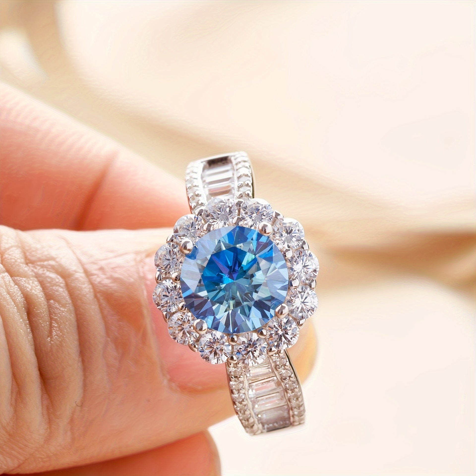 Sterling Silver 8mm Blue Moissanite Engagement Ring for Weddings and Gifts