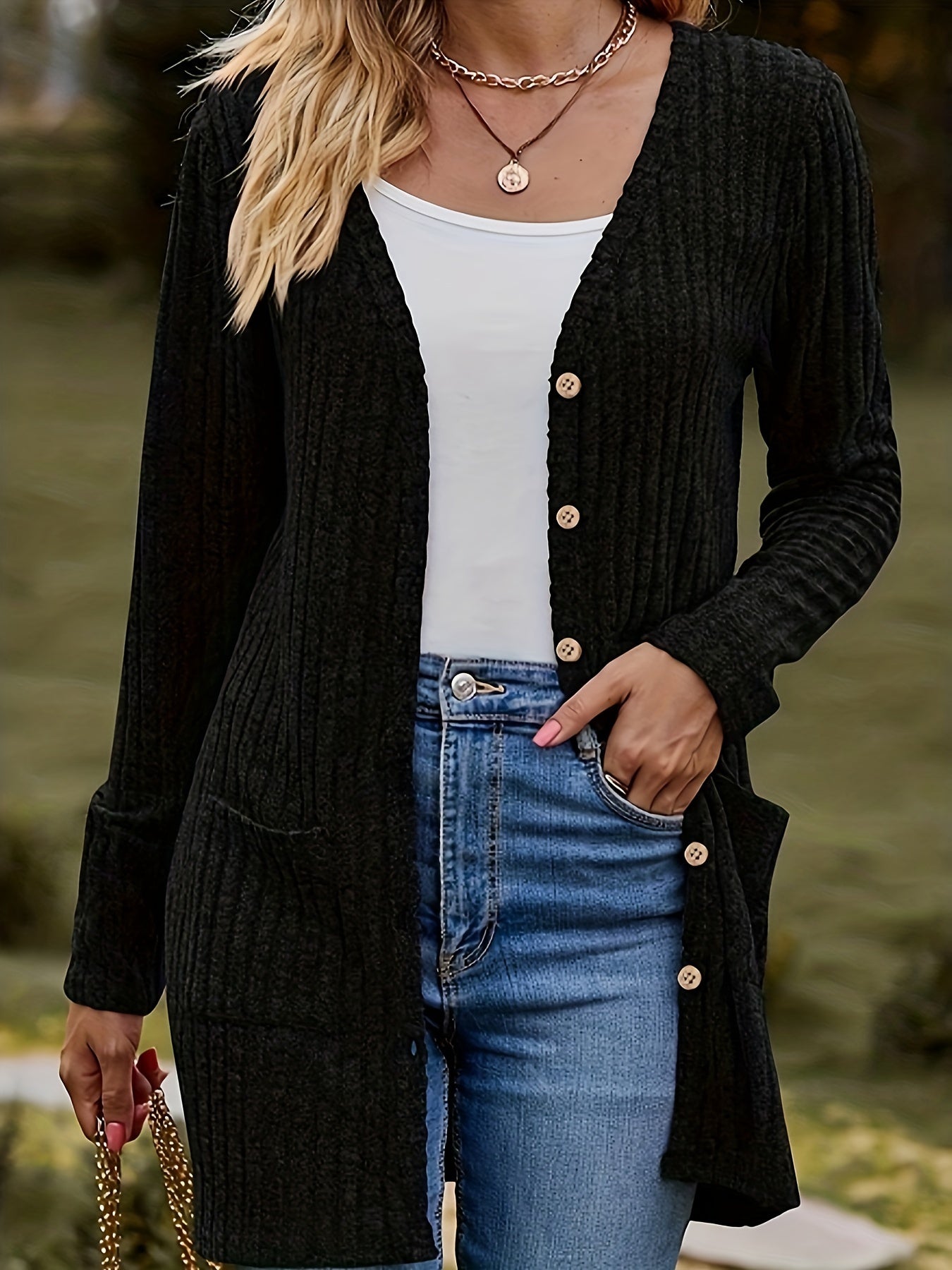 Plus Size Women's Black Knit Cardigan with V-Neck Button Front for Fall Winter