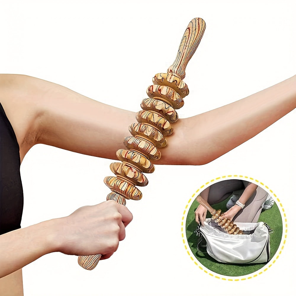 Wooden Handheld Massager with 9 Rollers for Muscle Relief and Wellness