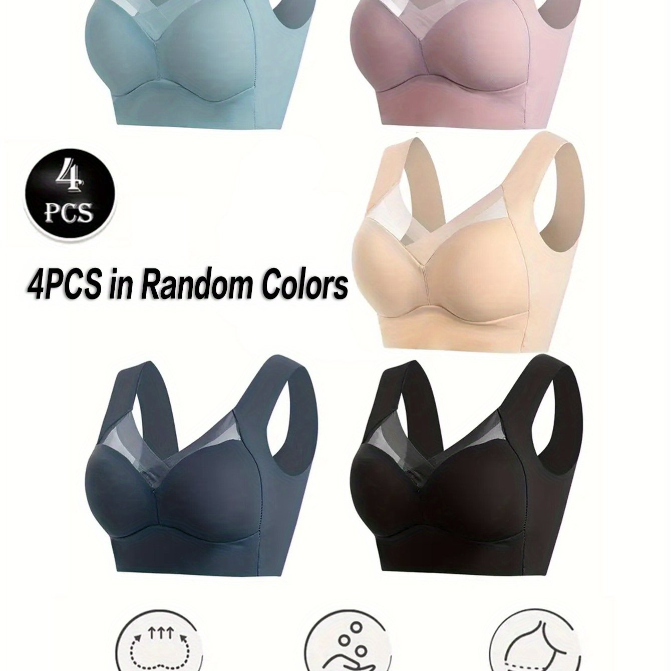 Women Solid Color Cross V-Neck Bras Pack of 4 Breathable Comfortable Mesh Light Blue Pink Beige Black