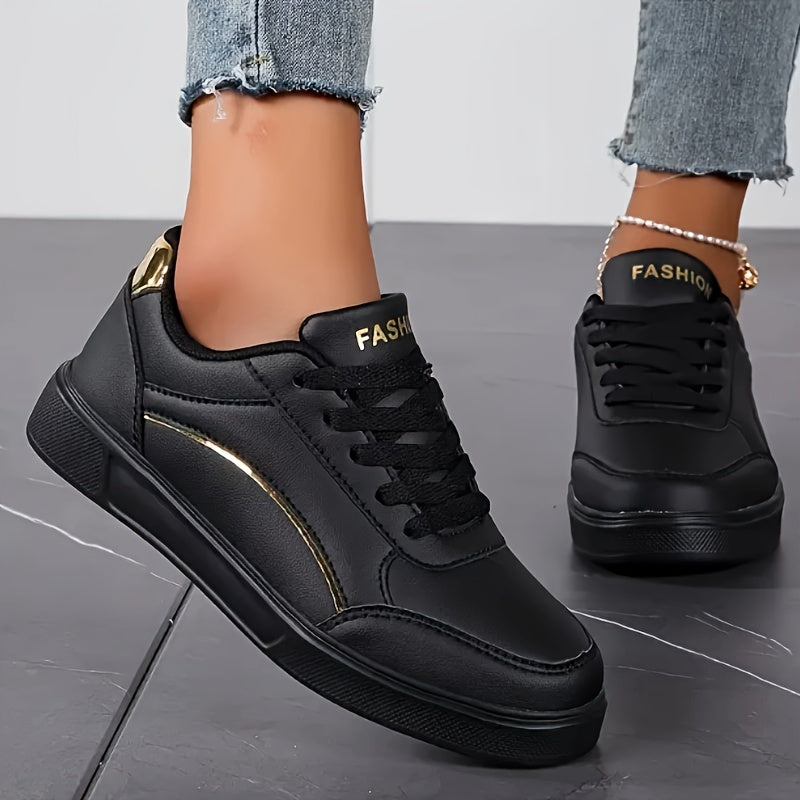 Women's Breathable Skate Sneakers Lightweight Casual Shoes Black Gold