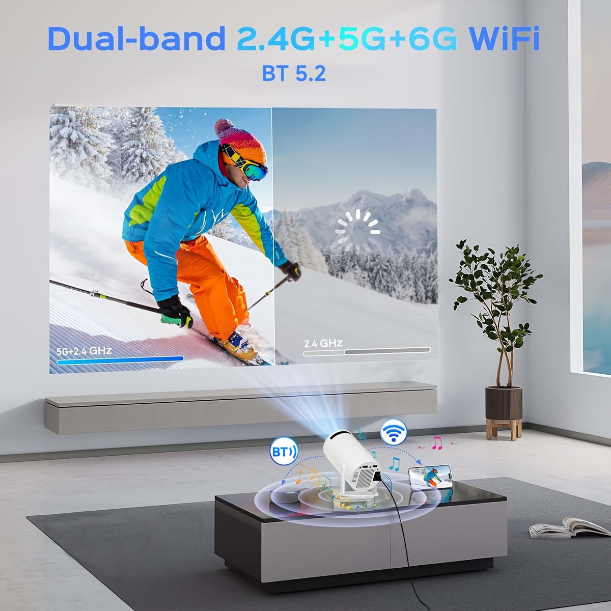 Portativ Android proyektori 130 dyuymli displey, Wifi6, TV ilovalari bilan