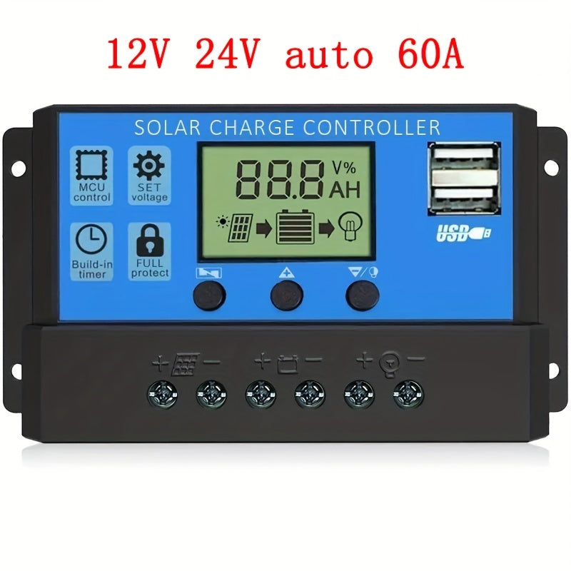 Controlador de carga solar de alta potencia con pantalla LCD, puertos USB y temporizador automático para sistemas de 12V y 24V