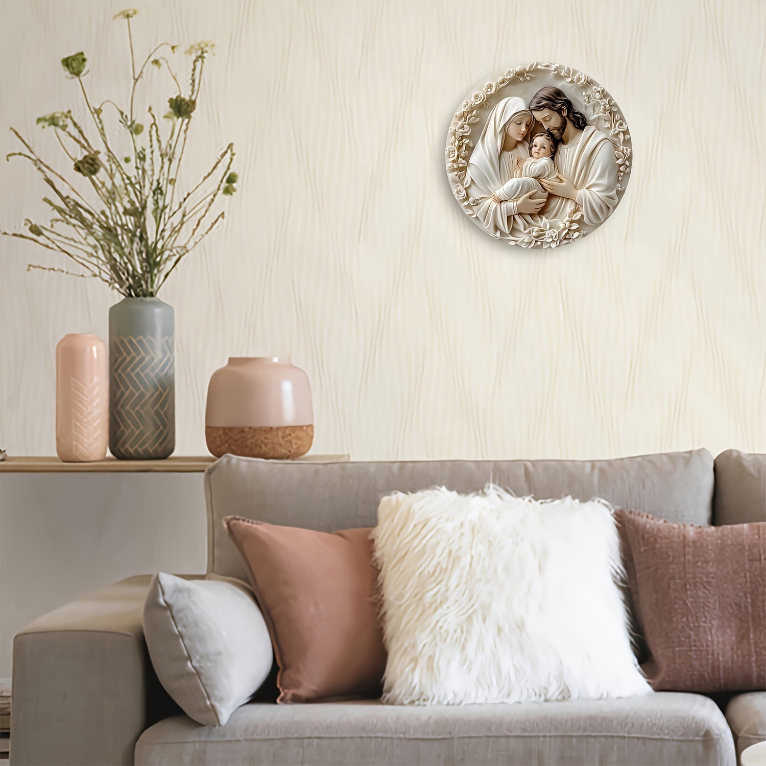 Religious Aluminum Wall Hanging Sign Sacred Family Metal Art Weather Resistant Textured Decor