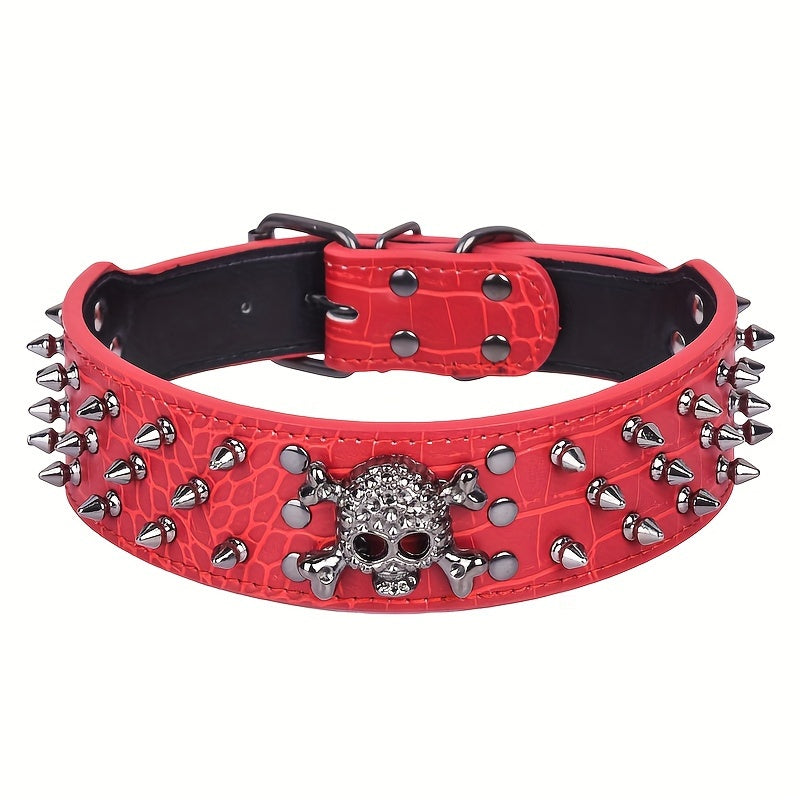 Leather Spiked Dog Collar with Bullet Rivets and Skull Design for Medium and Large Dogs