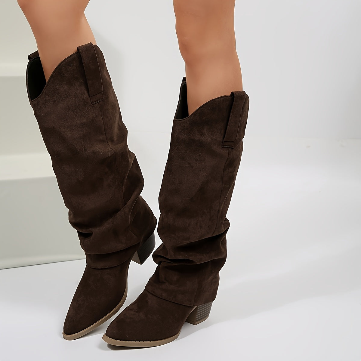 Women's Western Cowboy Boots Slip-On Knee-High Chunky Heel Brown for Dresses Jeans