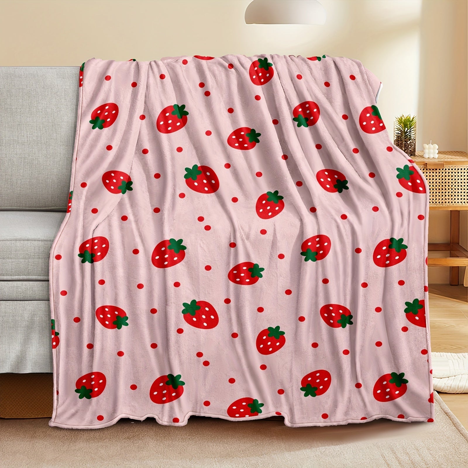 Strawberry Print Throw Blanket Soft Cozy Bed Sofa Travel Gift