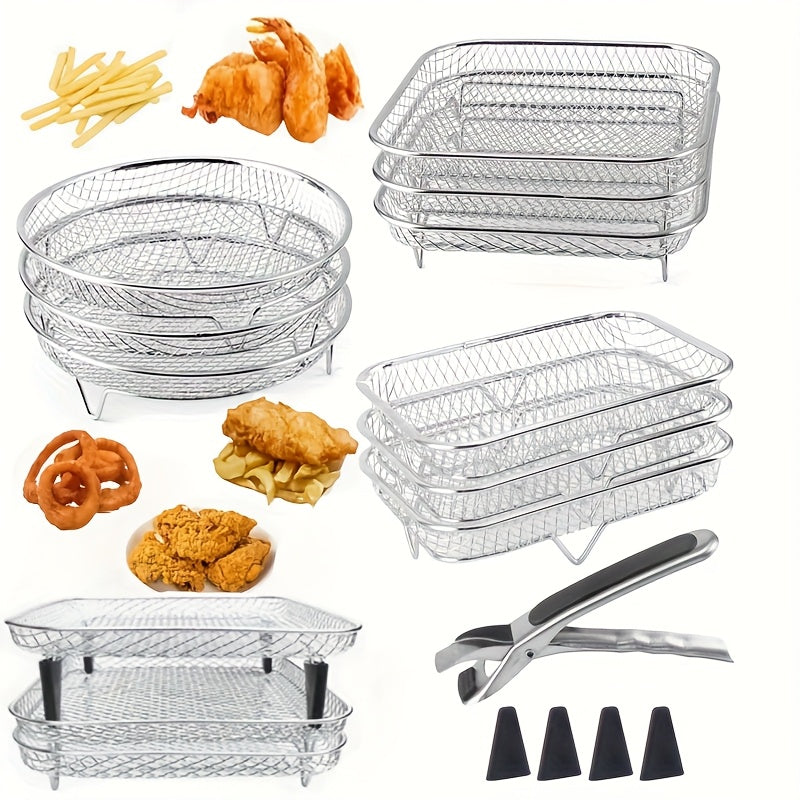 Stainless Steel Air Fryer Accessory Set with Stackable Rack Tongs and Heightening Mat for Healthy Cooking
