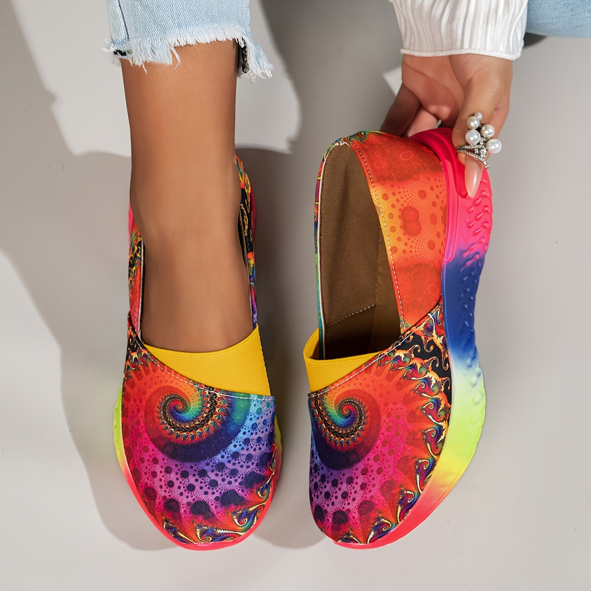Women's Rainbow Tie-Dye Slip-On Sneakers Lightweight Casual Fabric Low Top