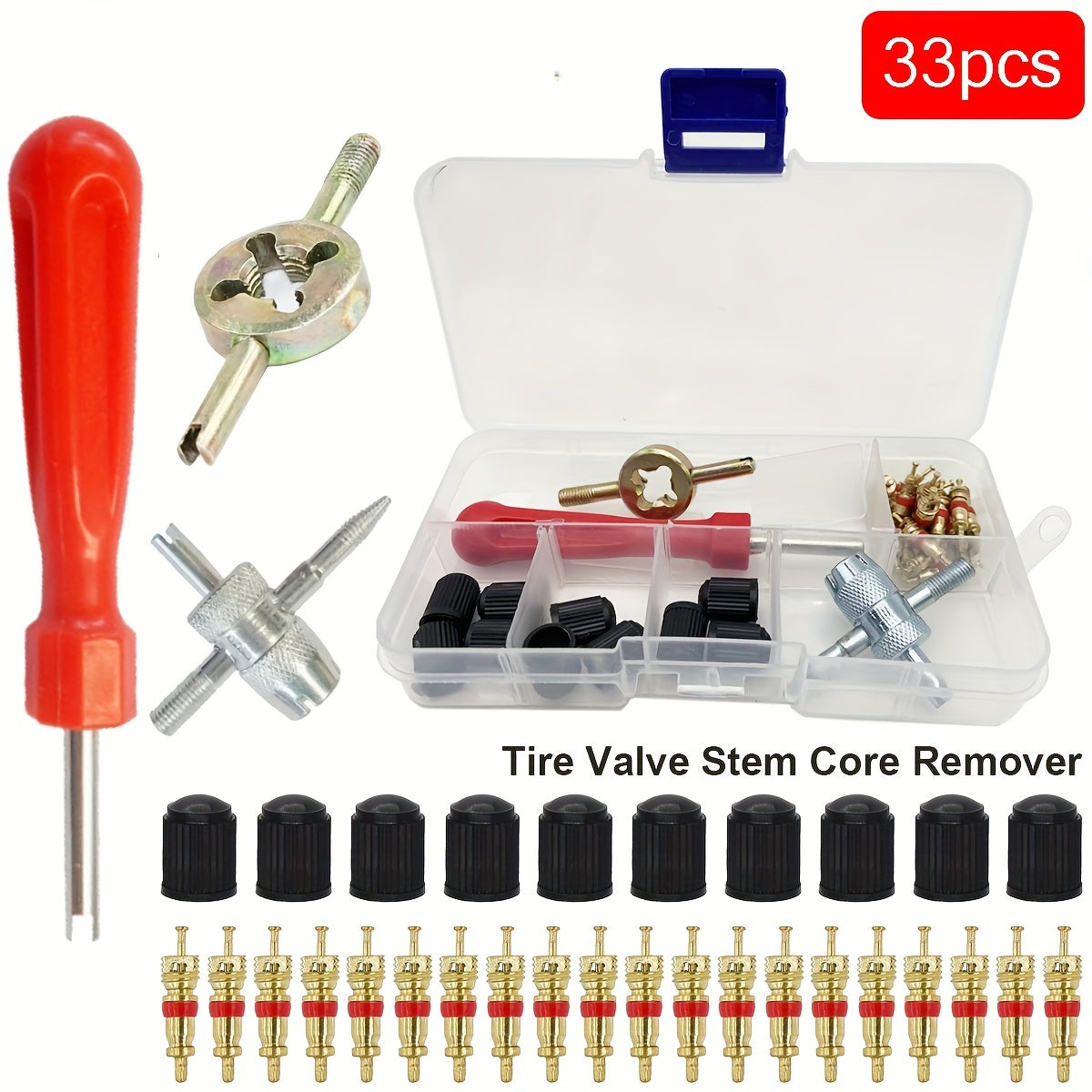 Car Bicycle Tire Valve Stem Core Remover Kit, 33 Pcs Slotted Screwdriver Set