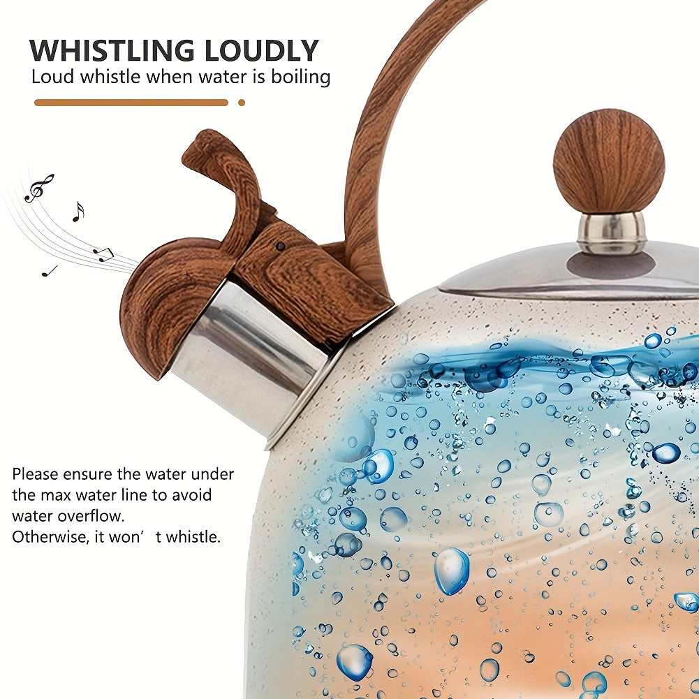 2.5L zanglamaydigan po'latdan yasalgan shovqin chiqaradigan choy qozoni, tosh oxirgi qoplama va yog'och tutqich bilan