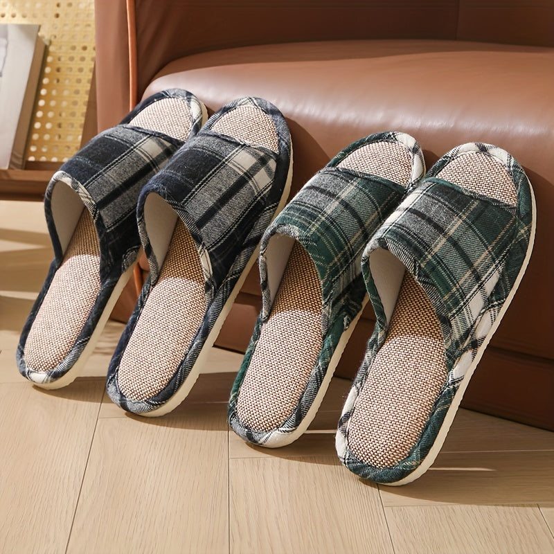 Linen Plaid Slip-On Slippers for Home and Travel Non-Slip Lightweight Casual