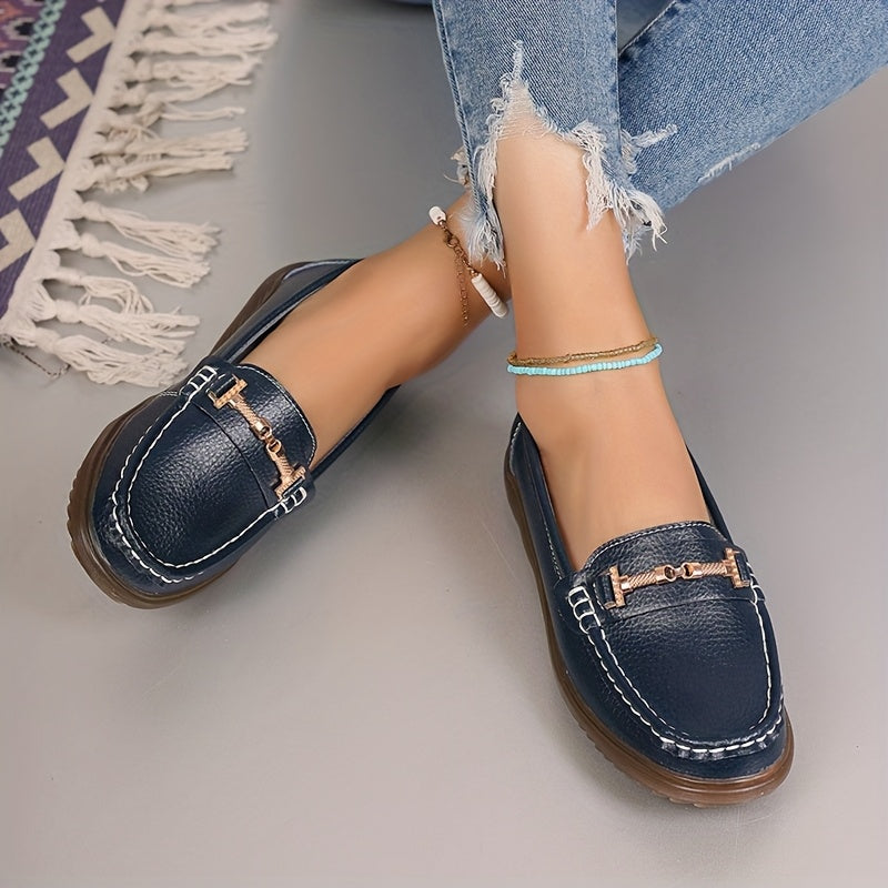 Women's Pu Cover Loafers with Metal Buckle Non-Slip Casual Shoes