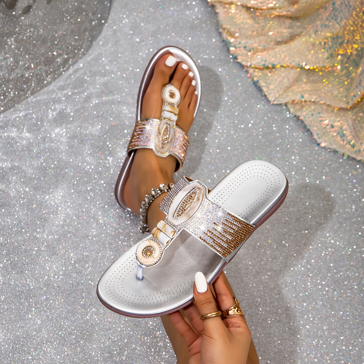 Women's Rhinestone Bohemian Slide Sandals Open Toe Slip-On Casual