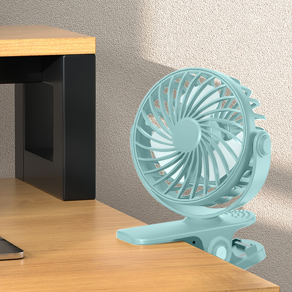 Blue Clip-On Fan USB Rechargeable 500mAh Battery Adjustable Speed Compact Durable