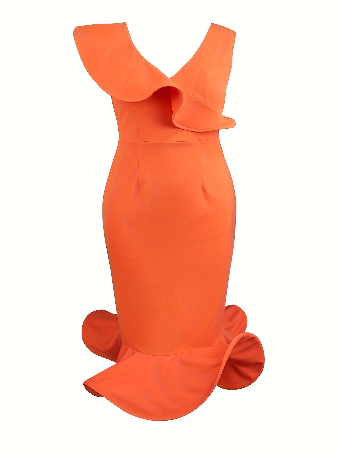 Women's Sleeveless V-Neck Fitted Midi Party Dress with Lotus Leaf Design