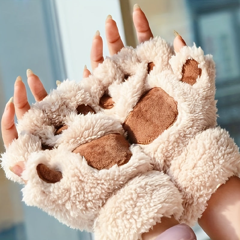 Cute Cat Claw Plush Gloves for Women Warm Fuzzy Half Finger Autumn Winter
