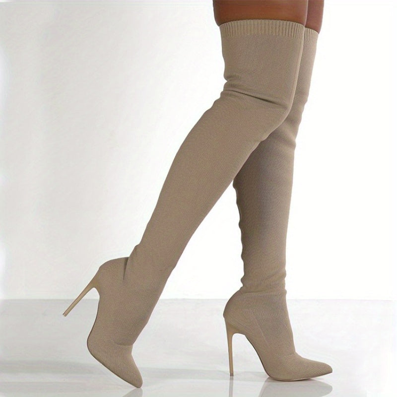 Women's Over-the-Knee Boots Slip-On Stiletto Heels Round Toe Elastic Fabric