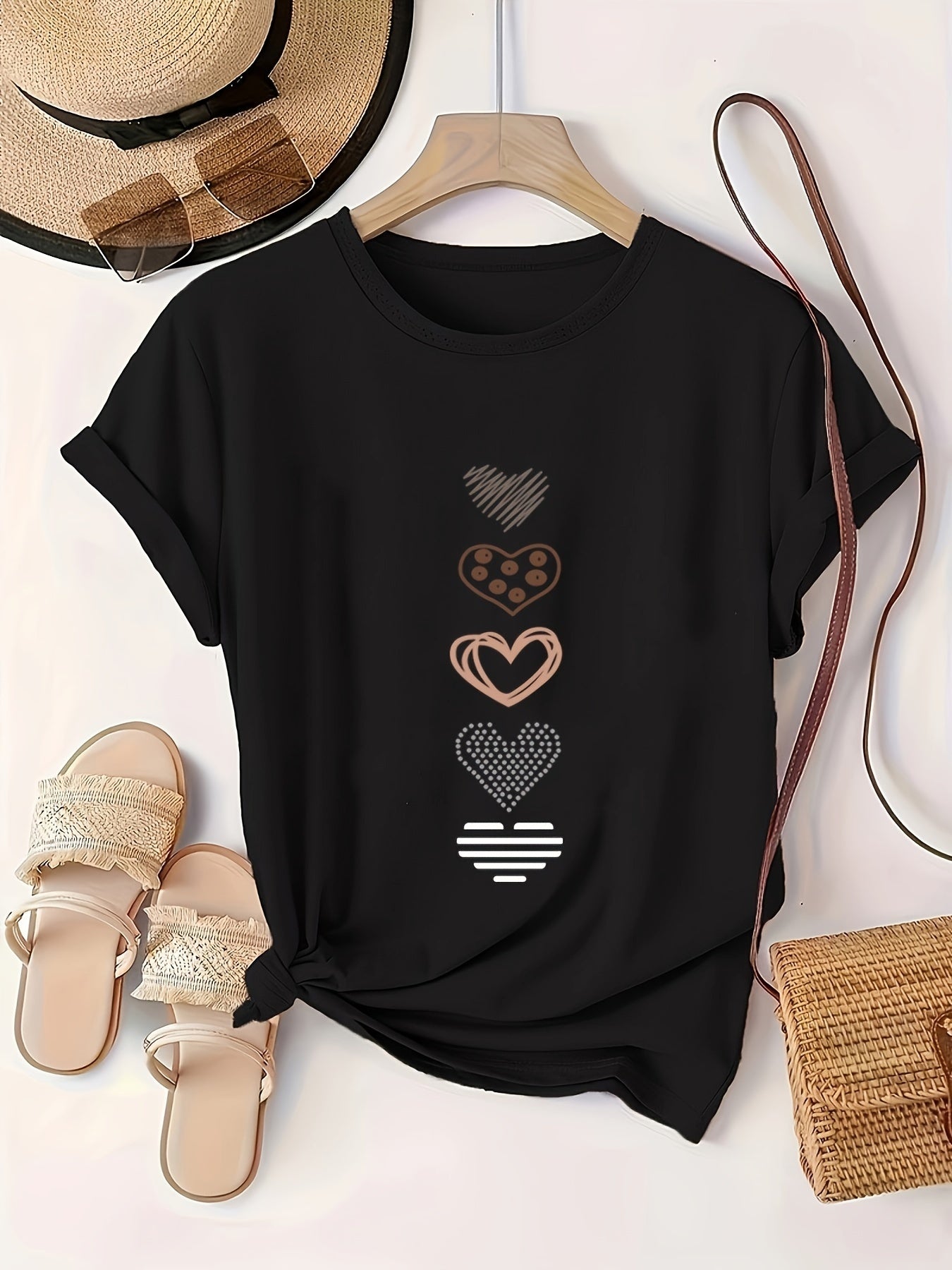 Plus Size Women's Casual T-Shirt with Heart Glitter Print, Striped, Breathable