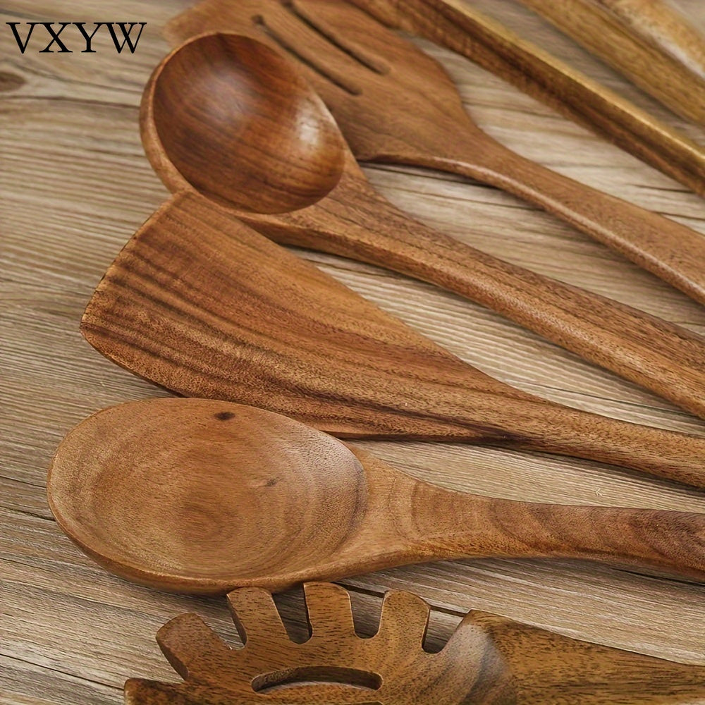 Set of 7 Wooden Cooking Utensils Non-Stick Safe Kitchen Gadgets and Accessories