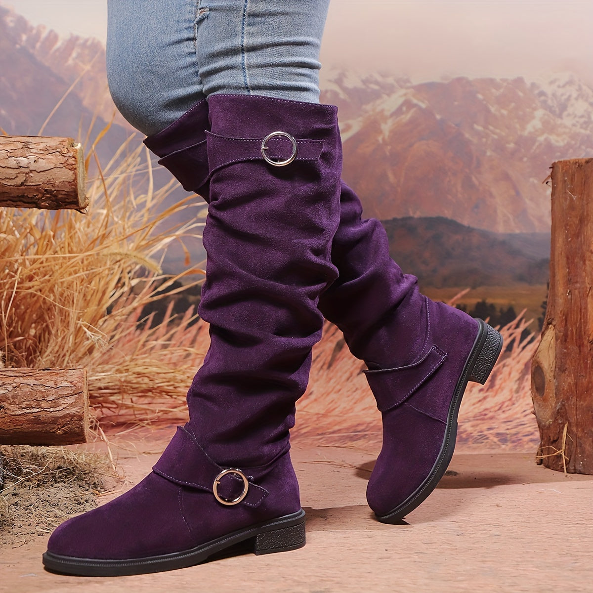 Women's Leather Button Pleated High Top Knee Boots