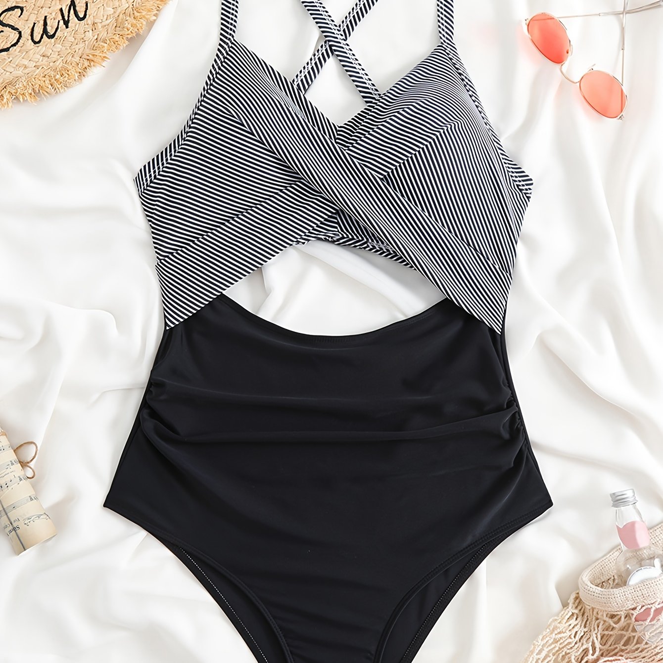 Women's Striped One-Piece Swimsuit with Cut-Out Twist and Criss Cross Tie Back