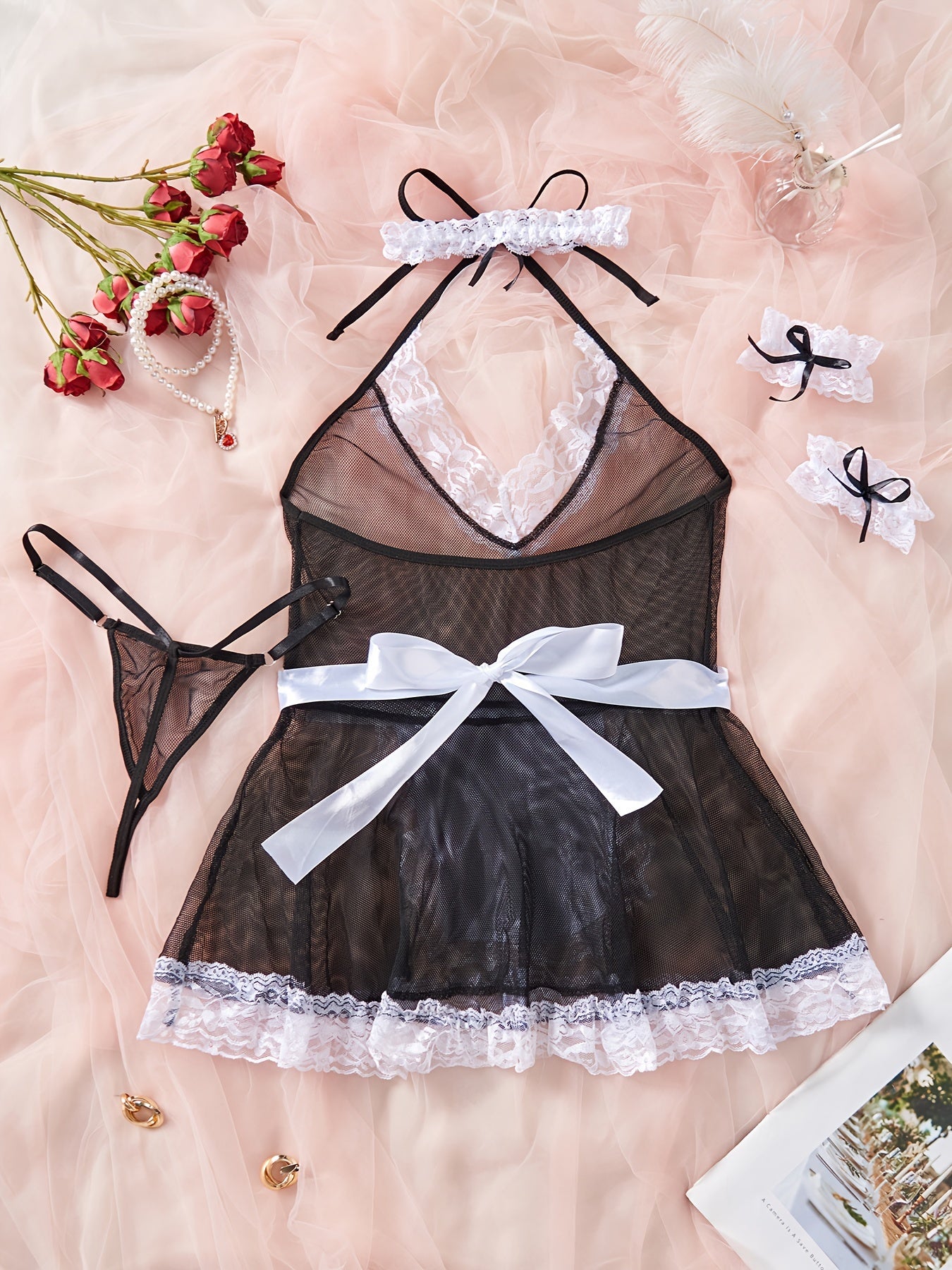 Sexy See-Through Lingerie Set with Apron Thong and Accessories