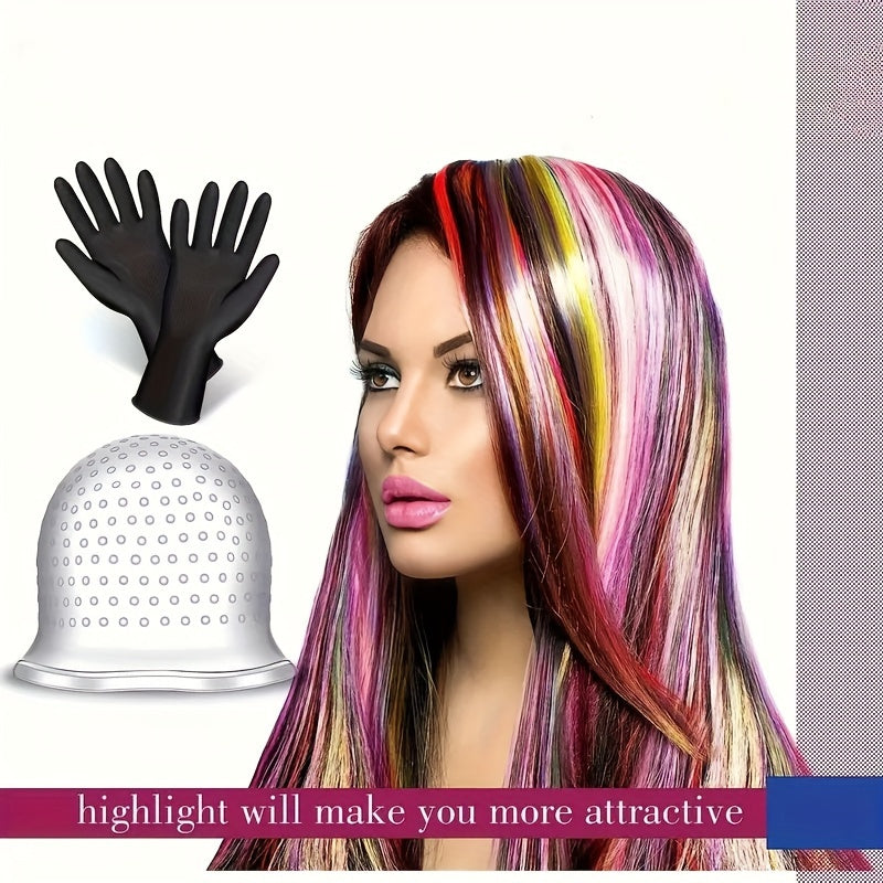 Reusable Hair Coloring Highlighting Cap with Metal Hook and Gloves for Normal Hair