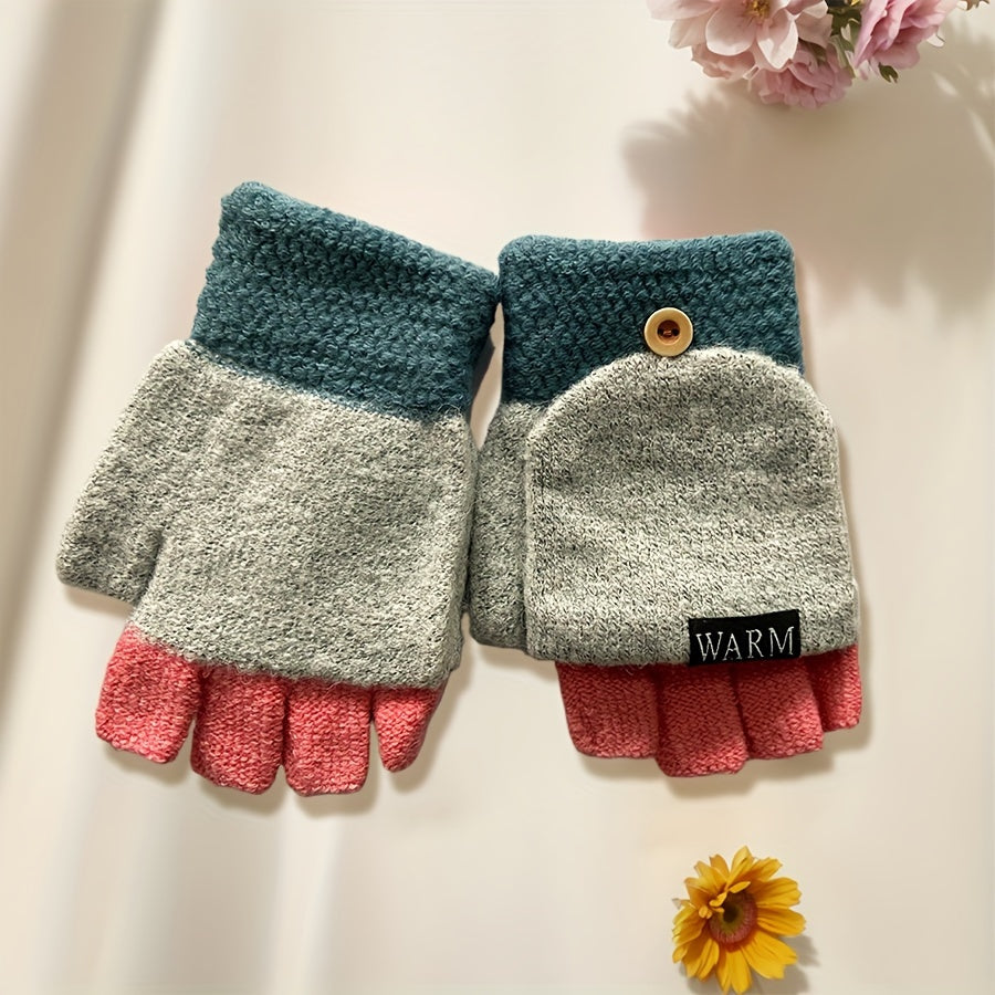 Women's Convertible Knit Gloves Windproof Cold-Resistant Cashmere Half-Finger with Flip Cover