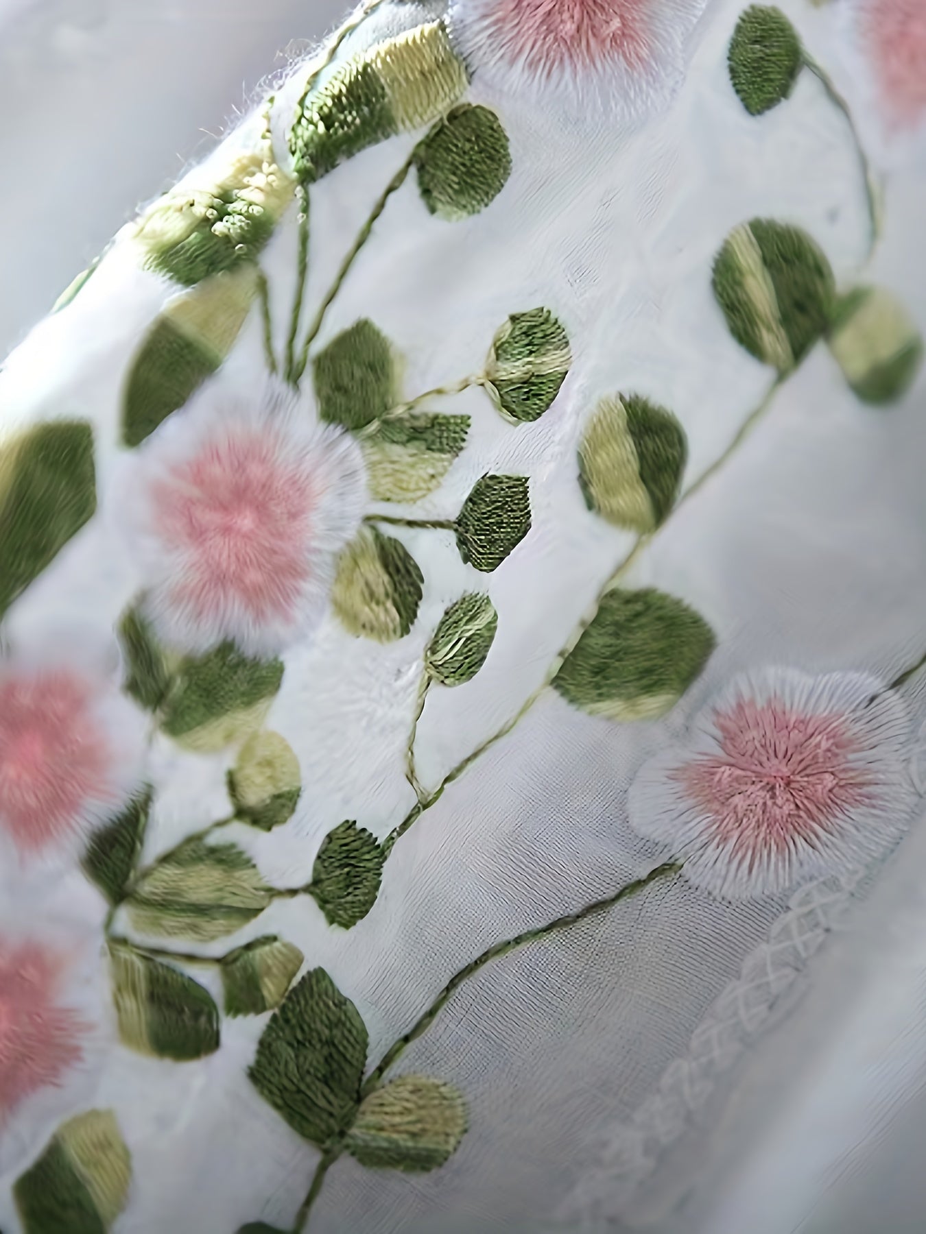 Women's Sheer White Floral Blouse with Ruffled Cuffs and Round Neck for Spring Summer