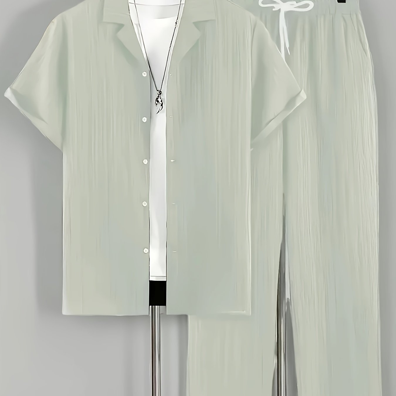 Men's Summer Set Casual Short Sleeve Button-Up Shirt and Drawstring Pants Polyester Solid