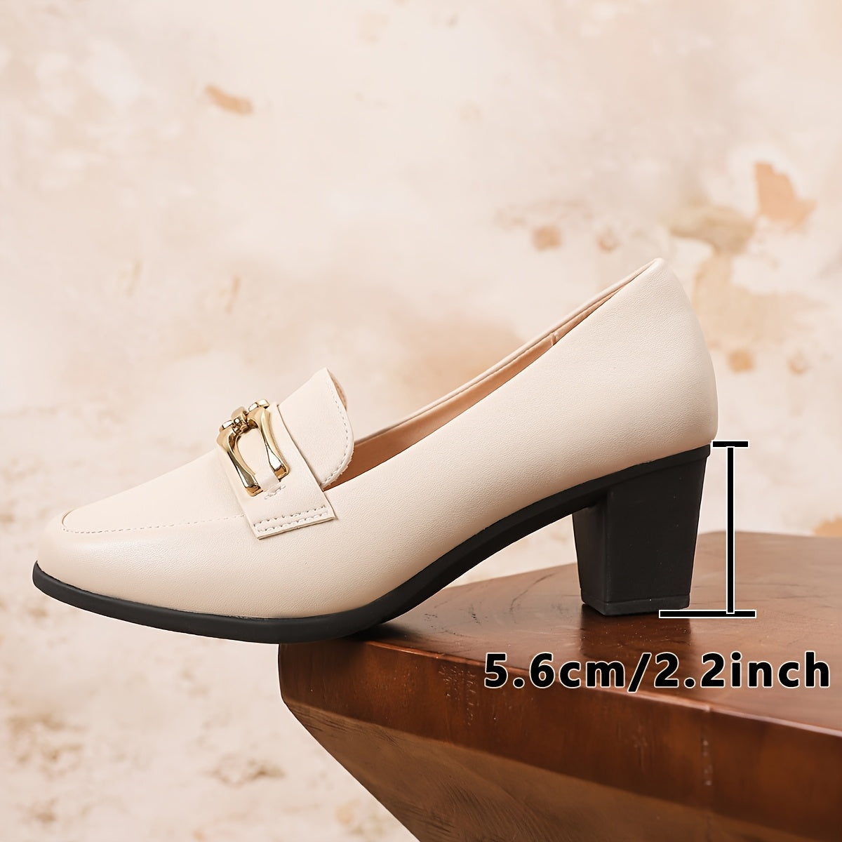 Women Beige Chunky Heel Pumps Square Toe Dress Shoes for Office Formal Wear