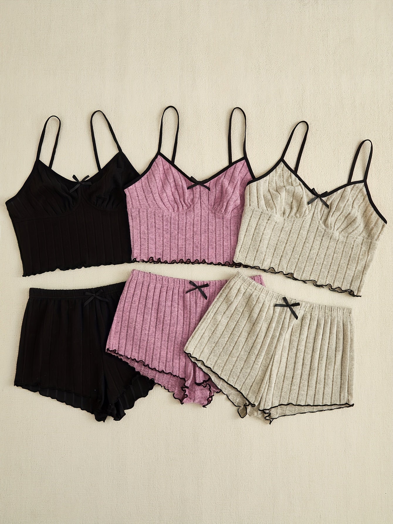 Women's 3-Piece Sleepwear Set Pajamas Shorts Tank Top Solid Color Polyester Elastane