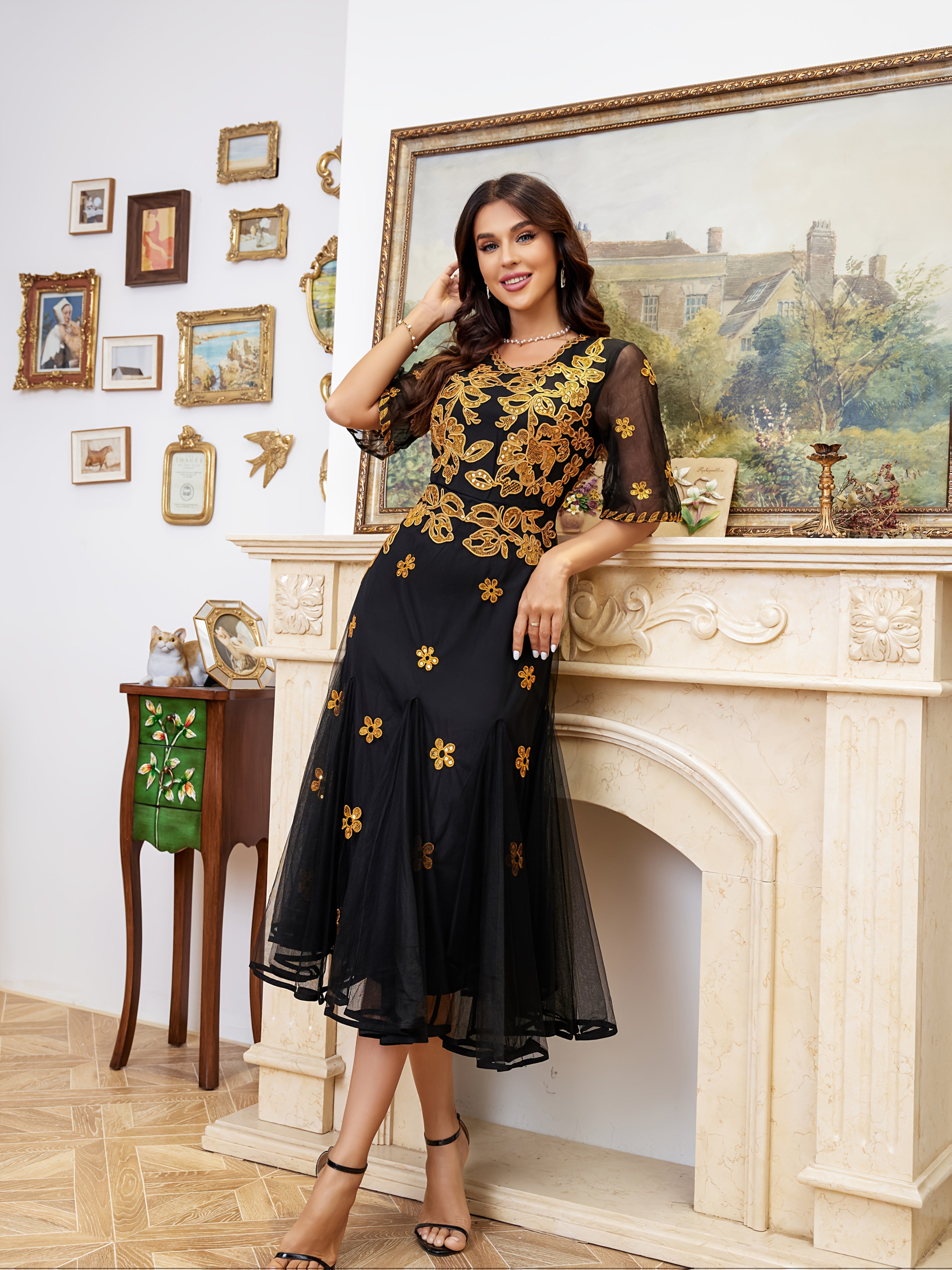 Women's Geometric Pattern Fit and Flare Party Dress Polyester Embroidered