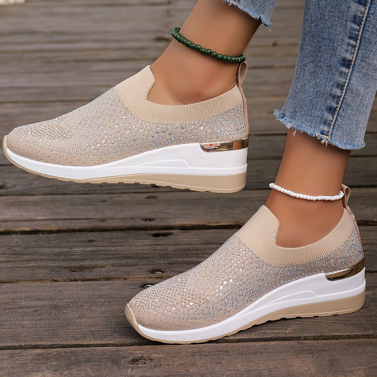 Women's Rhinestone Decor Platform Sneakers Casual Slip-On Outdoor Shoes
