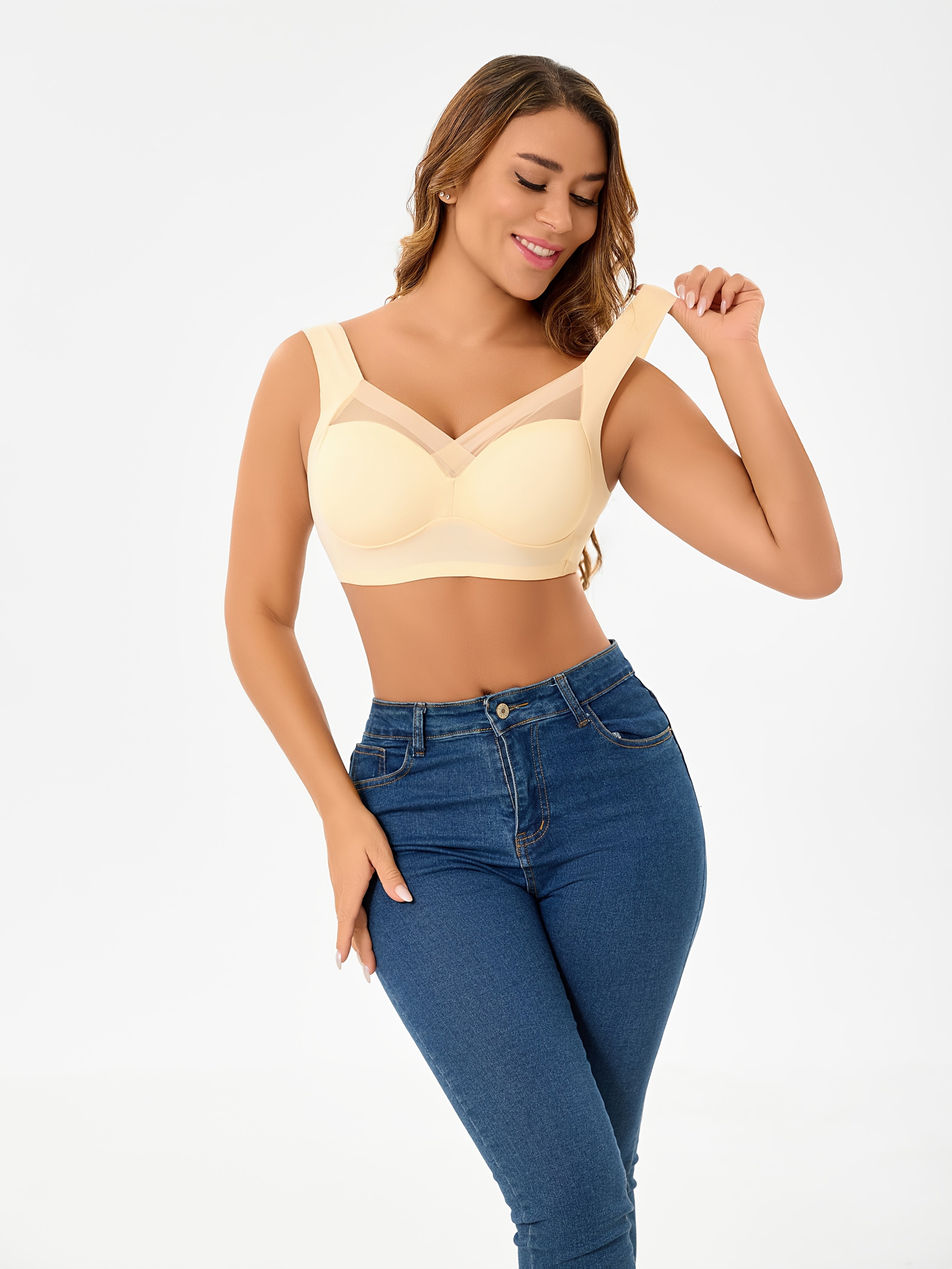 Women Solid Color Cross V-Neck Bras Pack of 4 Breathable Comfortable Mesh Light Blue Pink Beige Black