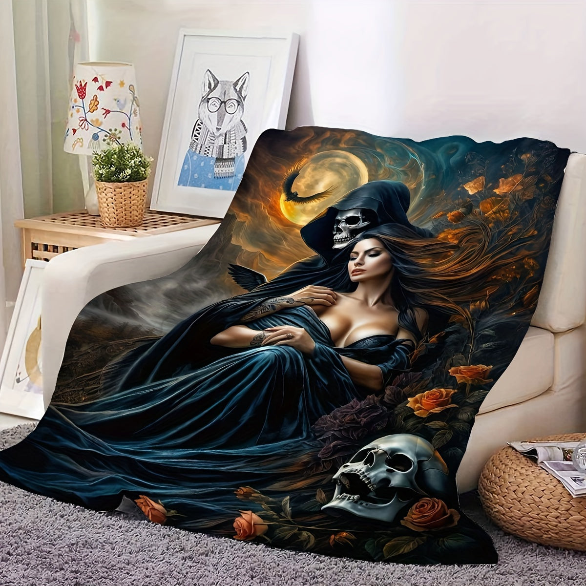 Reversible Knitted Polyester Throw Blanket with Fantasy Devil and Beauty Design