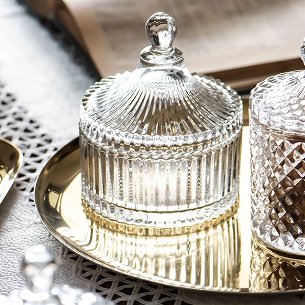 Decorative Glass Candy Server with Lid Jewelry Holder Candle Stand Tabletop Decor
