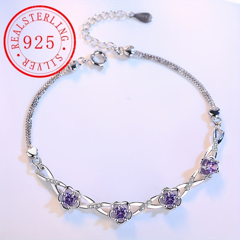 Silver Bracelet with Peach Blossom Design and Purple Zirconia for Women