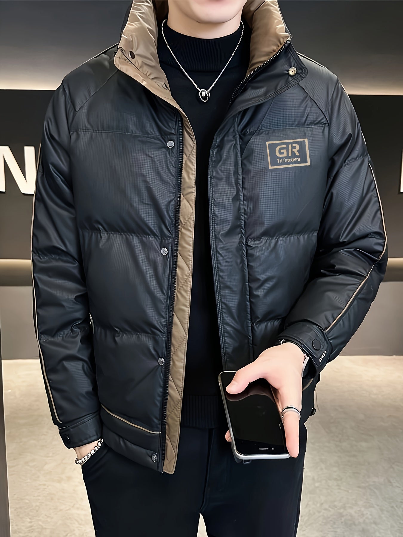 Men's Winter Jacket Black and Brown Stand Collar Zipper Pockets Polyester Filling