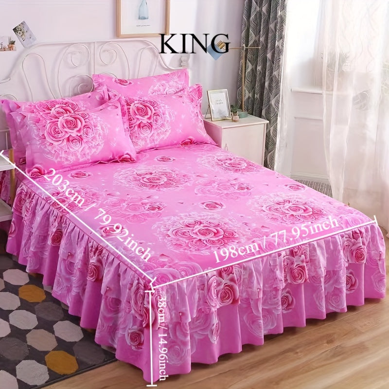 Flower Printed Bedding Set with Bed Skirt and Pillowcases All Seasons Universal