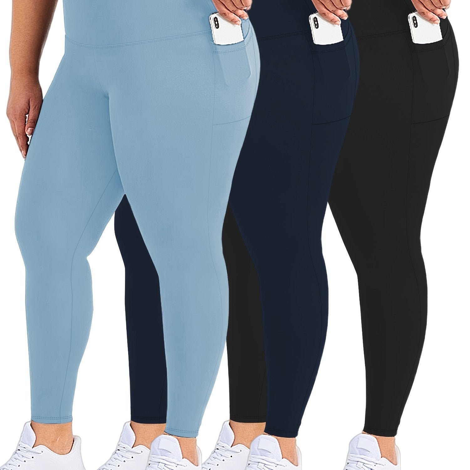 Plus Size Womens Black Pockets High Waisted Tummy Control Leggings Set