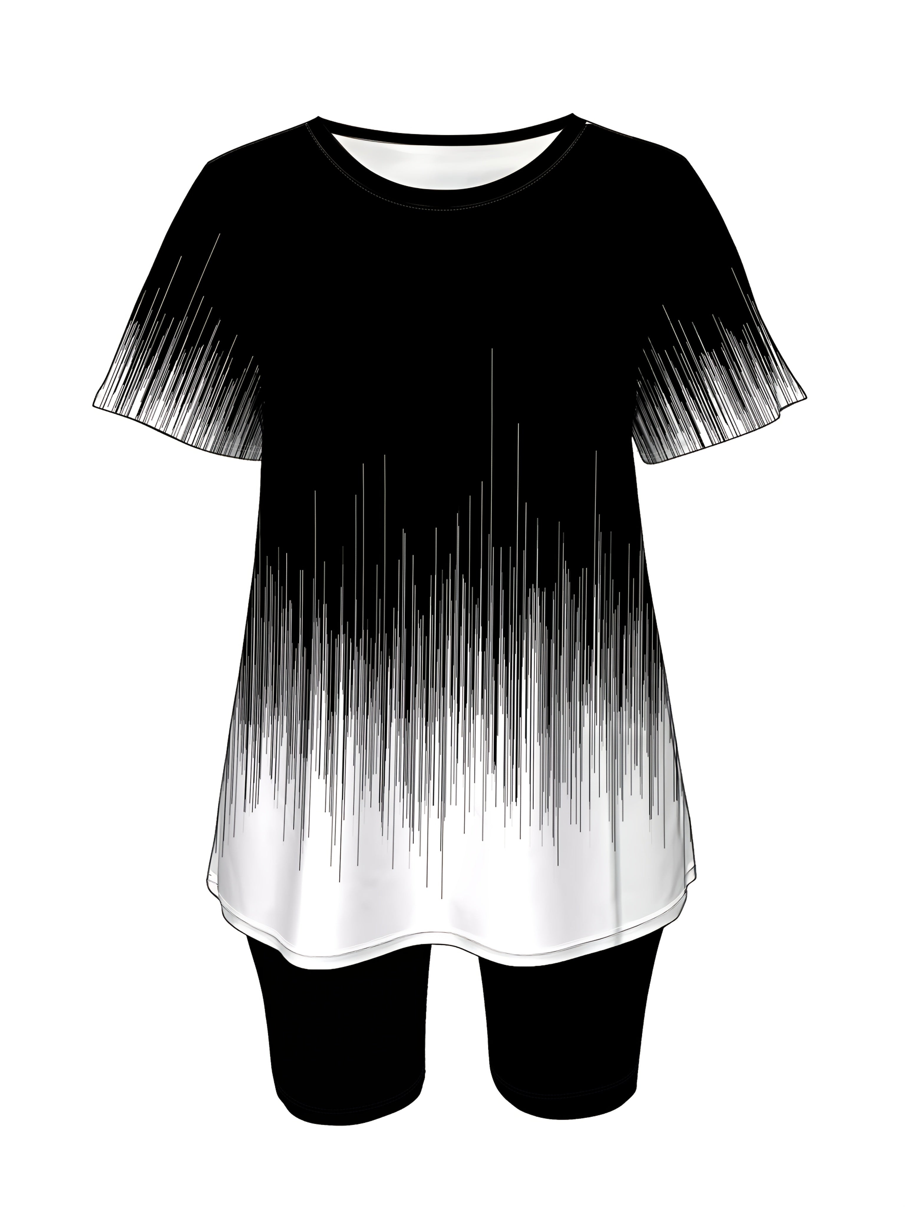 Women's Plus Size Casual Short Sleeve Top and Shorts Set Black White Gradient Print