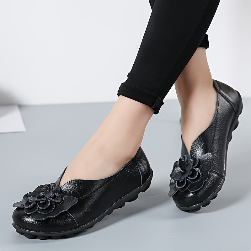 Ayollar uchun gulli bezakli tekis poyabzal, bir xil rangli, osongina kiyinadigan loaferlar