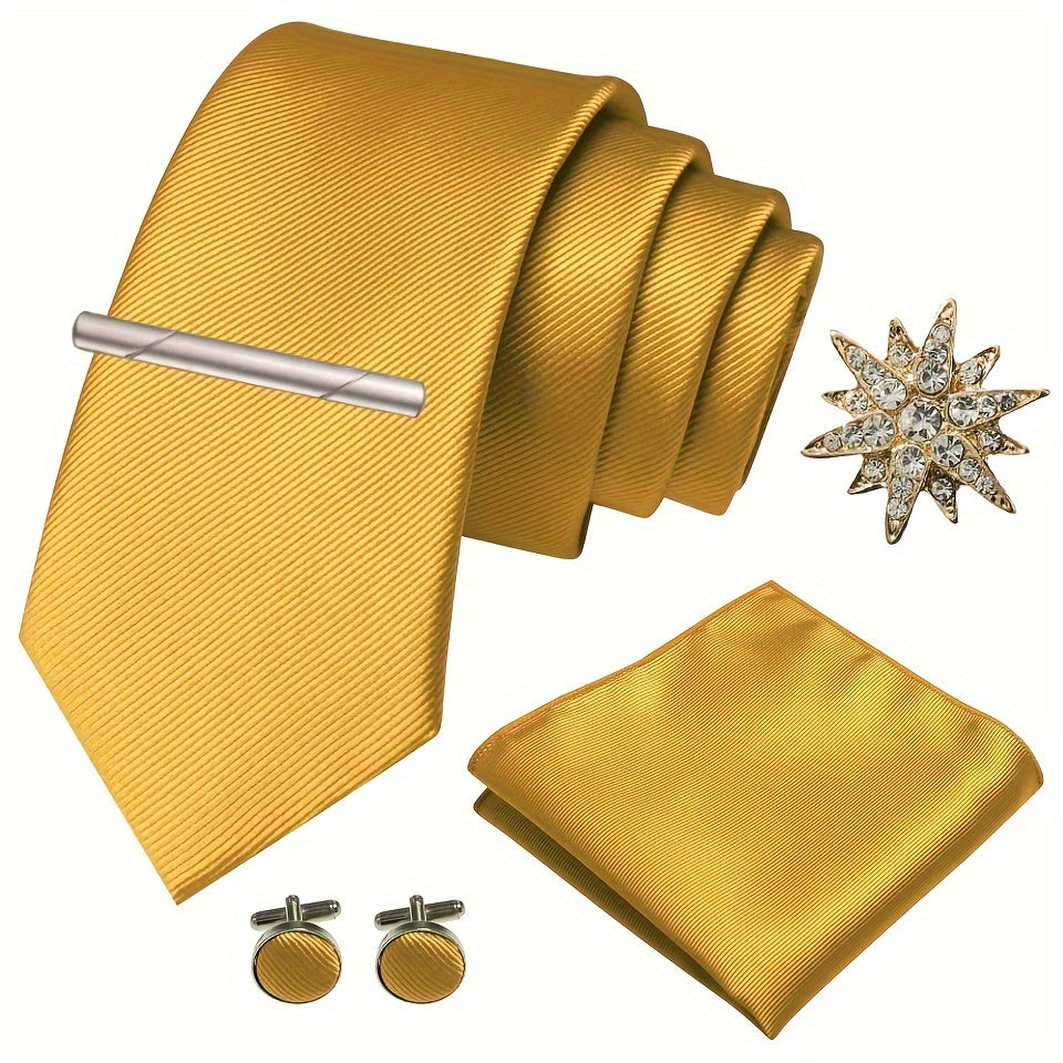 Erkaklar uchun satinning twill galstuk to'plami, galstuk klipi, cho'ntak sharlari, manşet o'rashlar va brosh uchun rasmiy tadbirlar