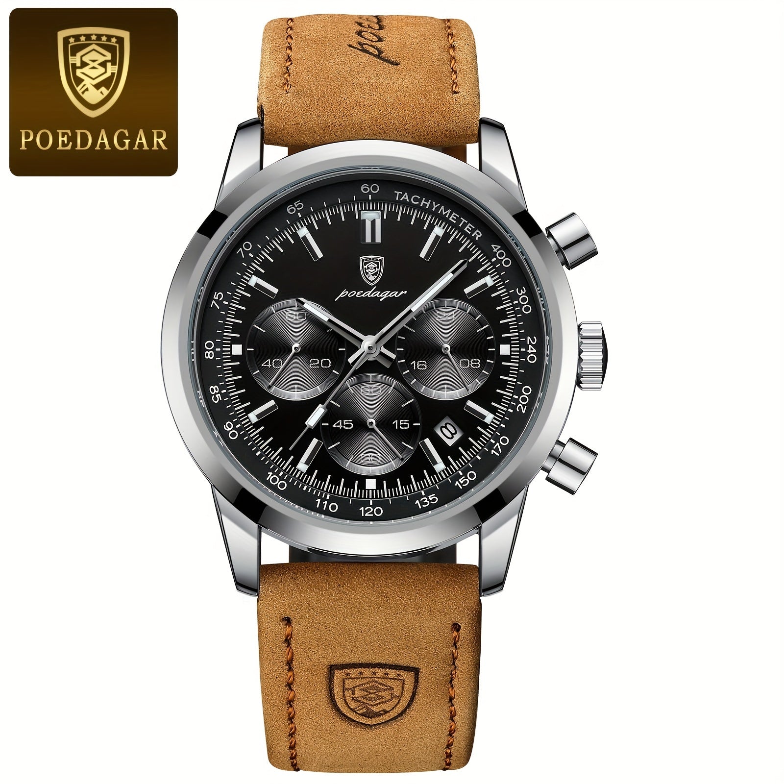 Men's Chronograph Quartz Business Watch with Luminous Dial PU Leather Strap