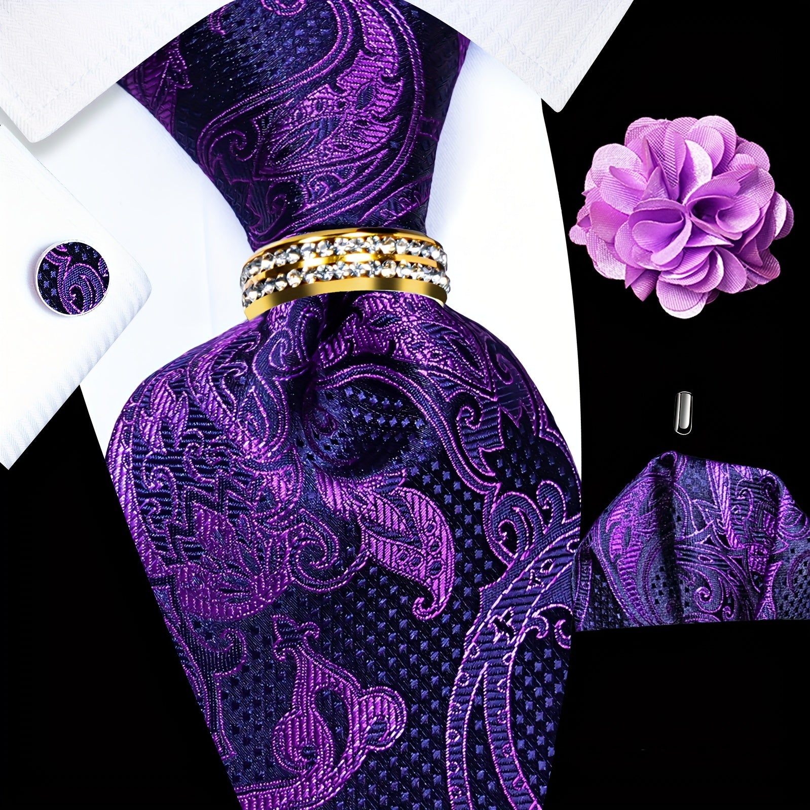 Men's Accessories Set Tie Pocket Square Cufflinks Lapel Pin Tie Ring for Wedding Groom