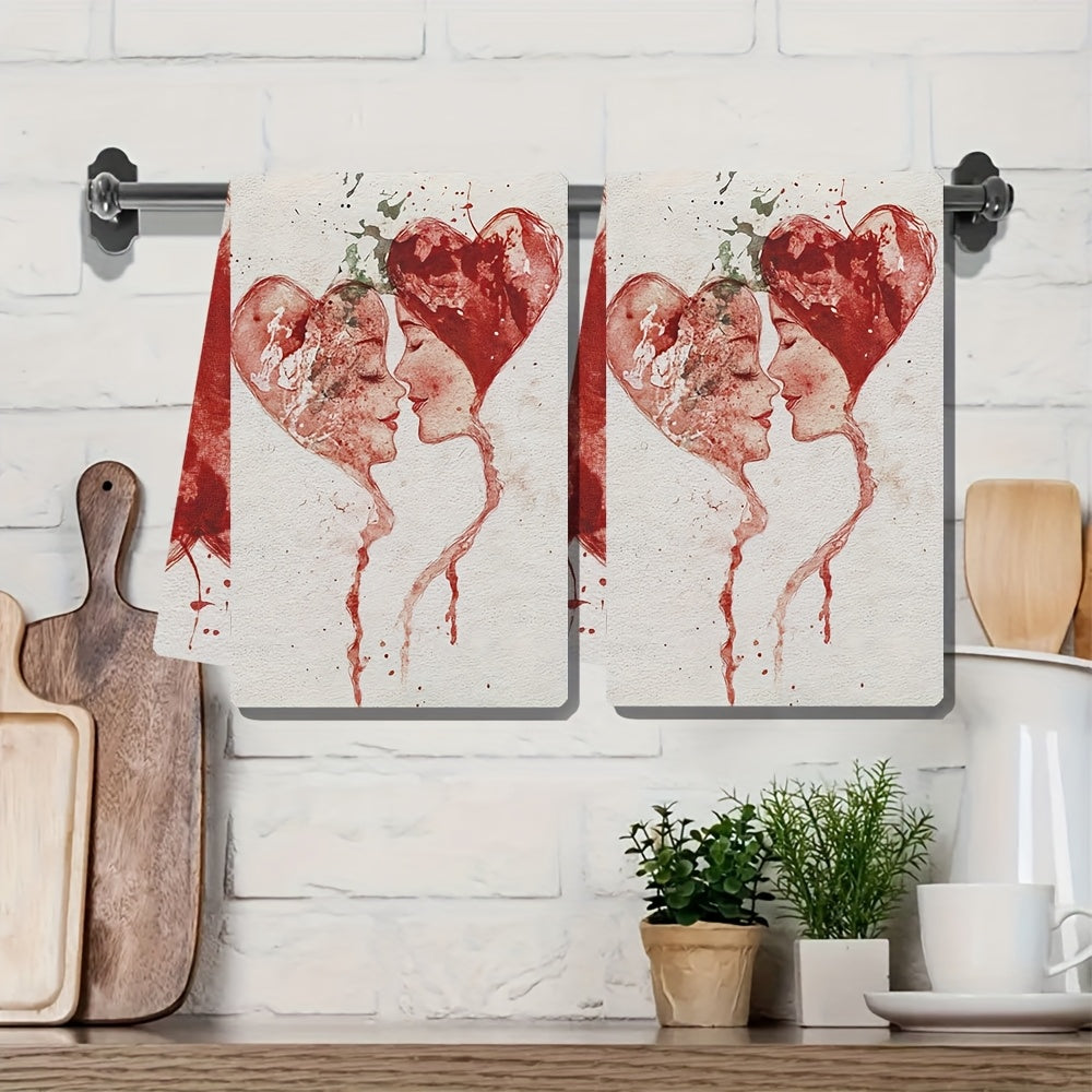 Valentine's Day Kitchen Towels Set 2 Pieces Absorbent Red White Splatter Art