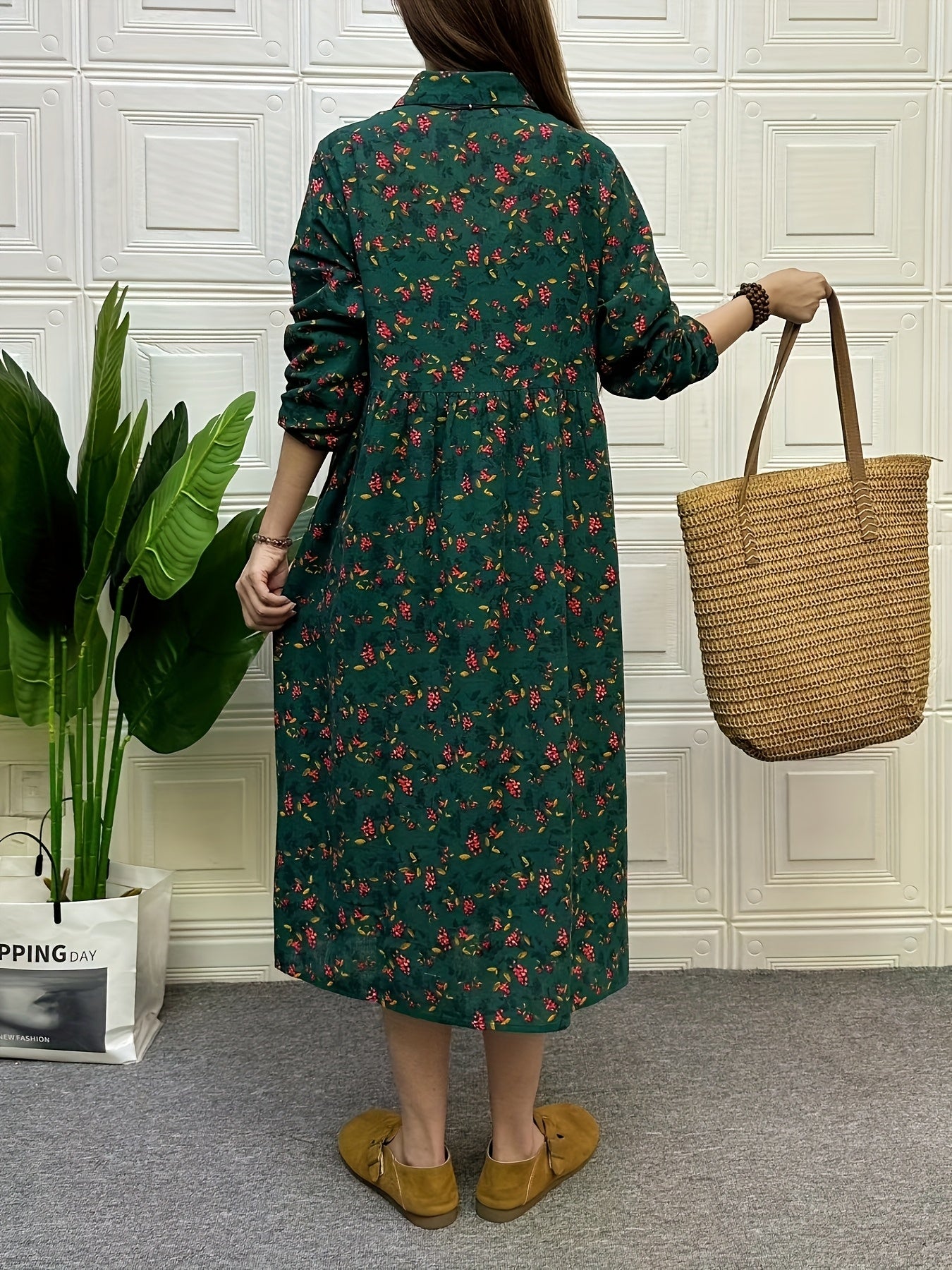 Women's Linen Dress with Floral Pattern, Long Sleeve, Lapel Collar, Beach Vacation Style